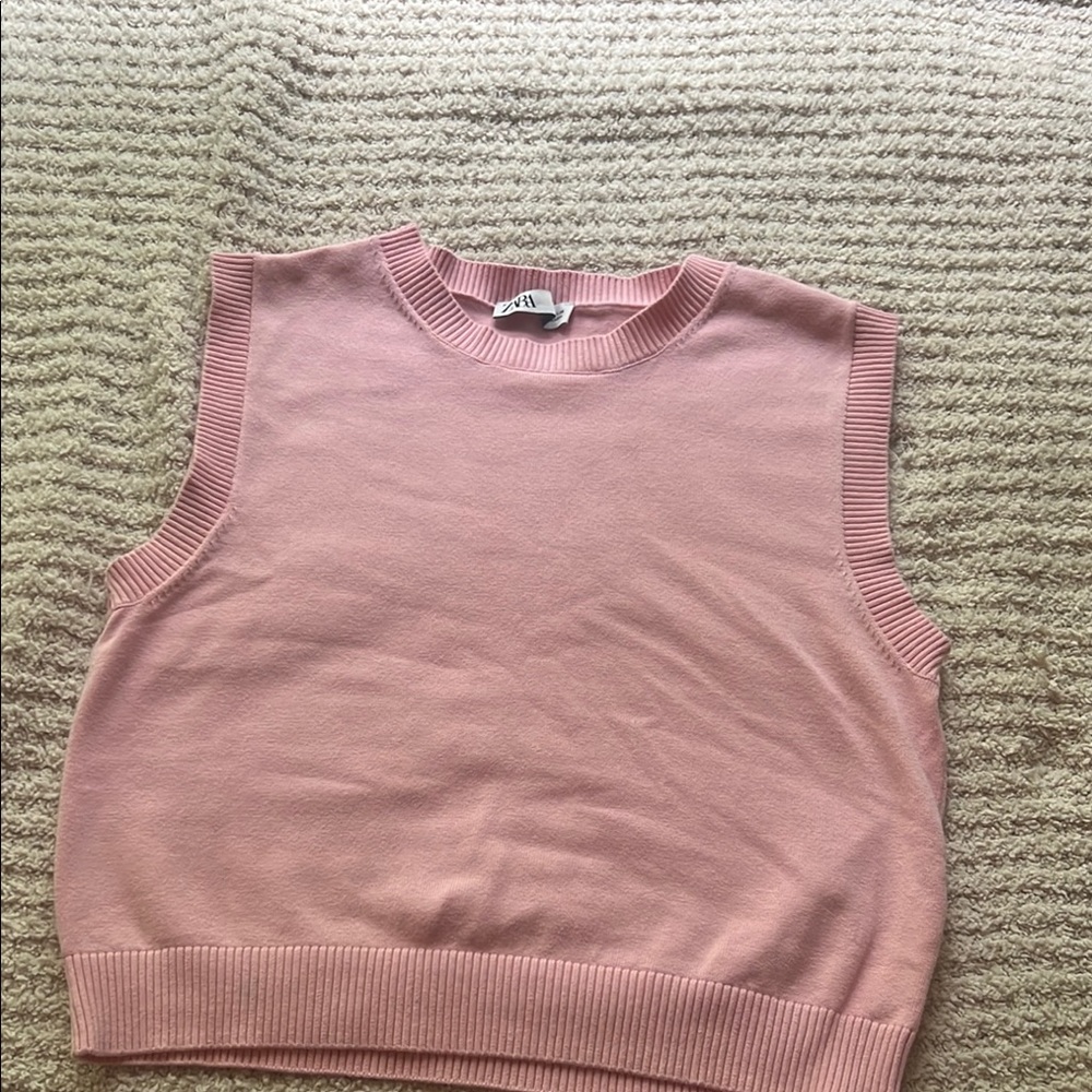 Zara Pink Crew Neck Sweater with Ribbed Trim